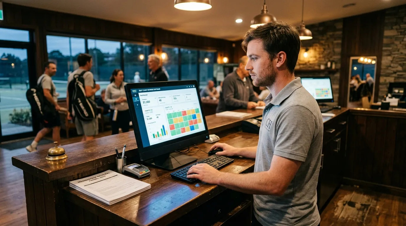 Staff member at a facility front desk usingCourt Booking Software on a terminal displaying financial metrics.