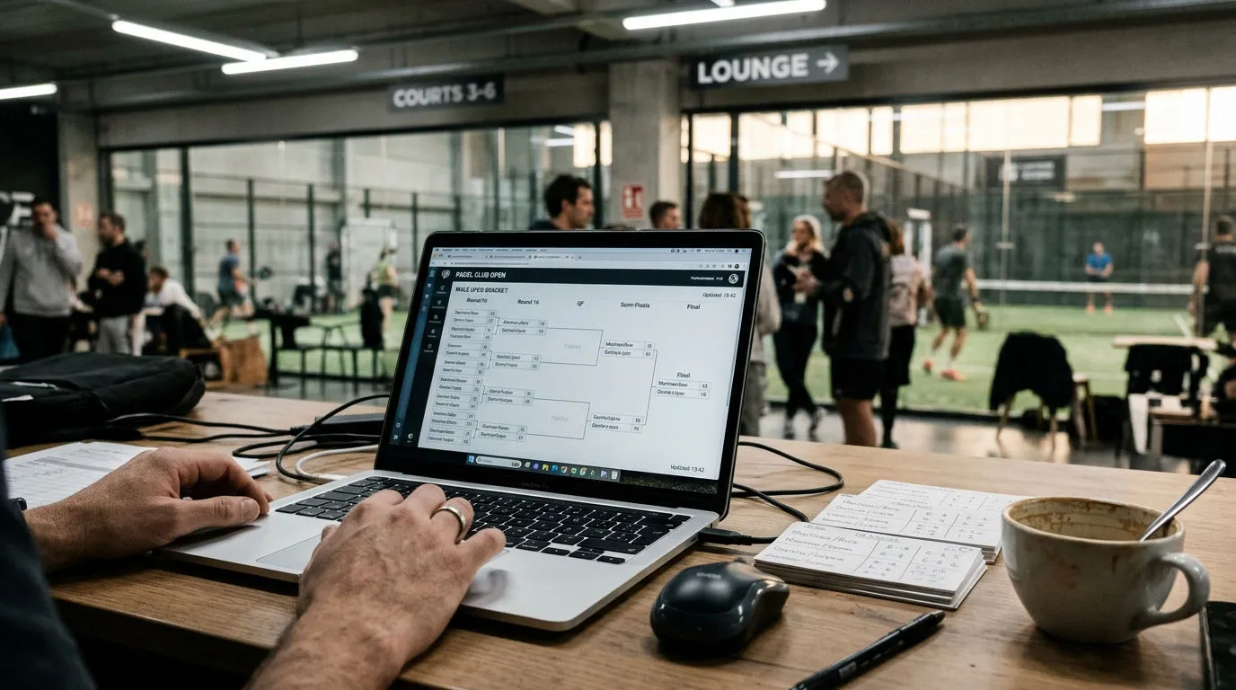 A laptop showing What Tournament Brackets Actually sits next to a handwritten paper draw on a crowded club desk.