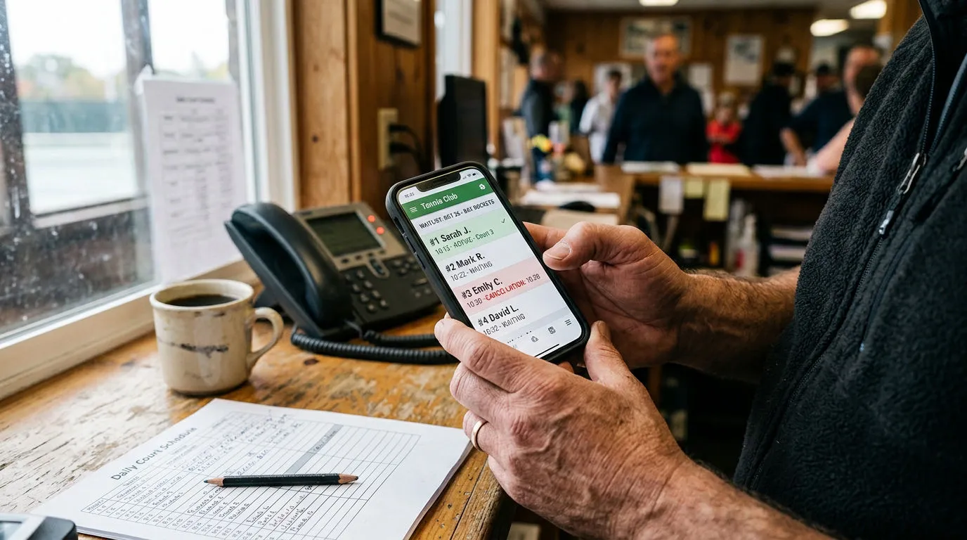 An administrator uses a smartphone app at a club reception desk to manage court waitlists.
